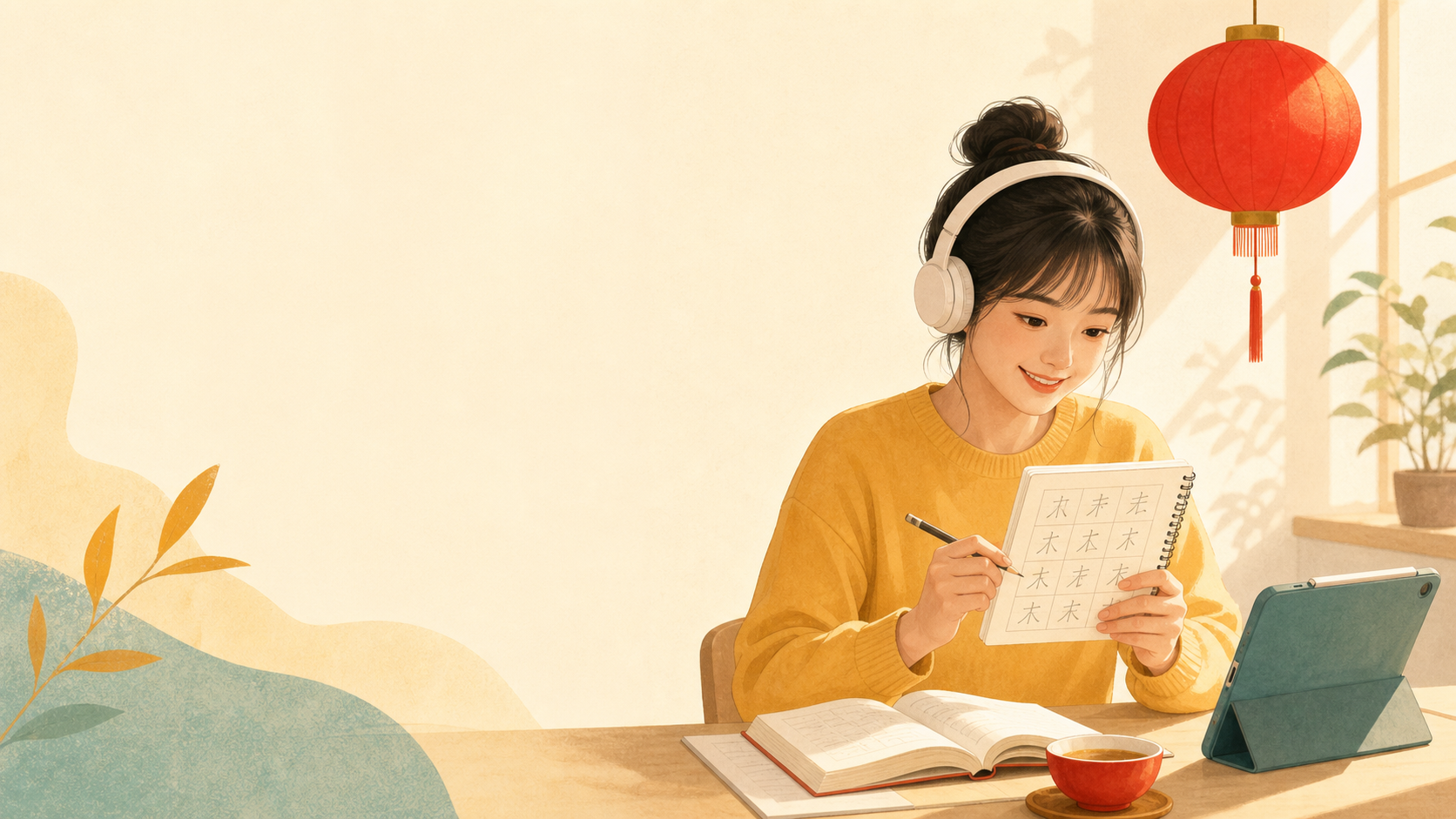 Người học luyện tiếng Trung với sổ tay và tai nghe